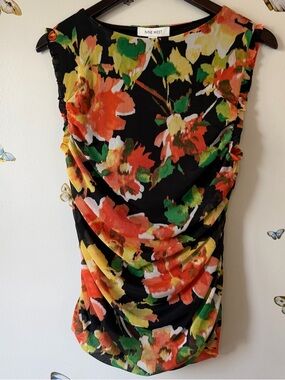 Nine West Black Floral Ruched Sleeveless Top with Orange Yellow and Green